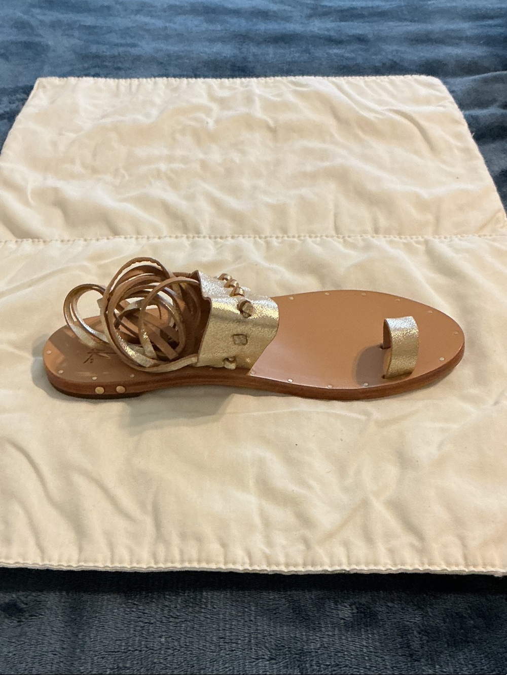 beek Metallic Gold Leather Lace-Up Toe-Ring Flat Sandal